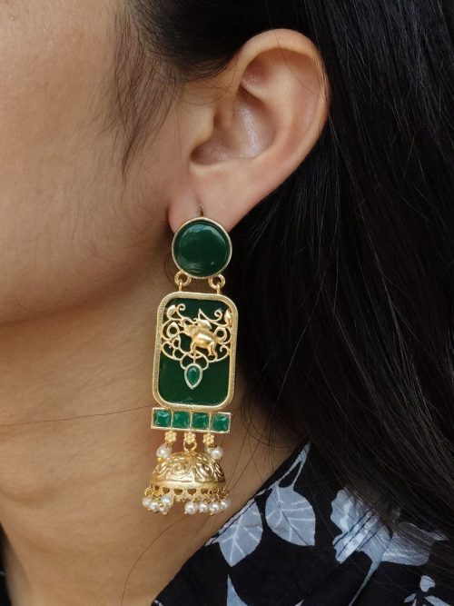 Gold plated elephant jhumki earrings with Monalisa stone and pearl work