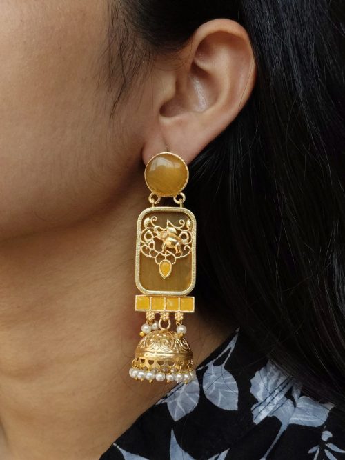 Gold plated elephant jhumki earrings with Monalisa stone and pearl work
