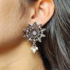 Oxidized Silver Stud Earrings with Pearl and Stone Work