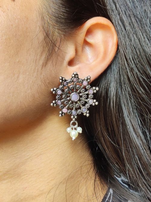 Oxidized Silver Stud Earrings with Pearl and Stone Work