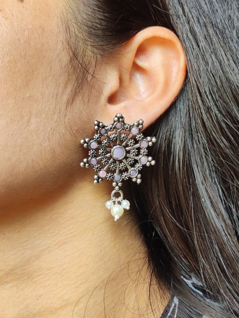 Bulk 678 Elegant Oxidized Silver Stud Earrings | Pearl & Stone Work Perfect Daily Wear Jewelry for Girls - "Baby Pink"