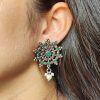 Oxidized Silver Stud Earrings with Pearl and Stone Work