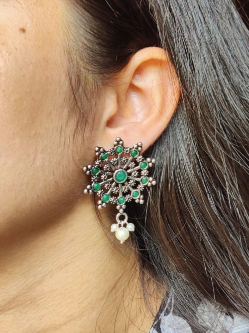 Oxidized Silver Stud Earrings with Pearl and Stone Work