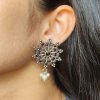 Oxidized Silver Stud Earrings with Pearl and Stone Work