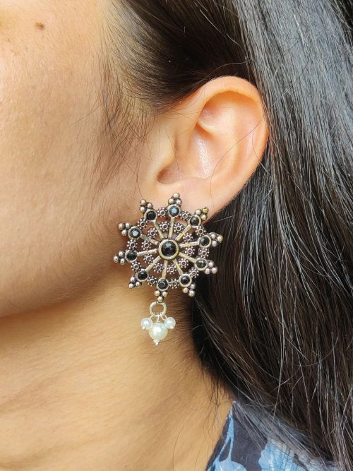 Oxidized Silver Stud Earrings with Pearl and Stone Work