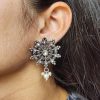 Oxidized Silver Stud Earrings with Pearl and Stone Work