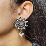 Elegant Oxidized Silver Stud Earrings | Pearl & Stone Work Perfect Daily Wear Jewelry for Girls - "White"