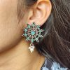 Oxidized Silver Stud Earrings with Pearl and Stone Work