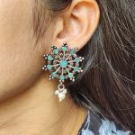 Elegant Oxidized Silver Stud Earrings | Pearl & Stone Work Perfect Daily Wear Jewelry for Girls - "Mint"