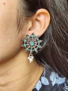 Elegant Oxidized Silver Stud Earrings | Pearl & Stone Work Perfect Daily Wear Jewelry for Girls - color: "Mint"