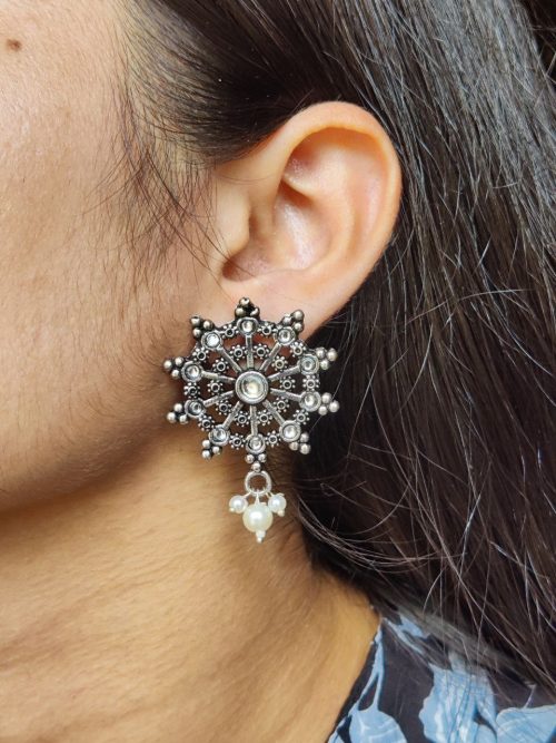 Oxidized Silver Stud Earrings with Pearl and Stone Work