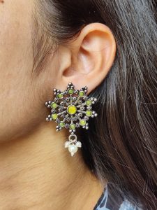 Elegant Oxidized Silver Stud Earrings | Pearl & Stone Work Perfect Daily Wear Jewelry for Girls - color: "Yellow"