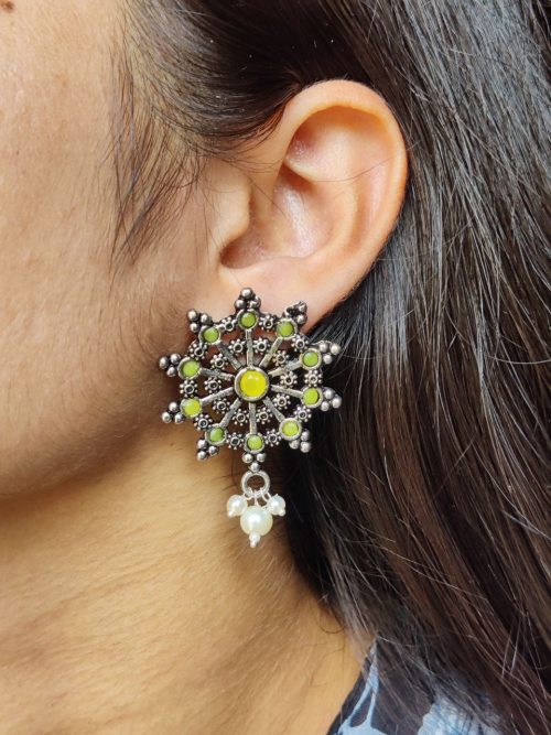 Oxidized Silver Stud Earrings with Pearl and Stone Work