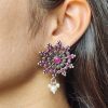 Oxidized Silver Stud Earrings with Pearl and Stone Work