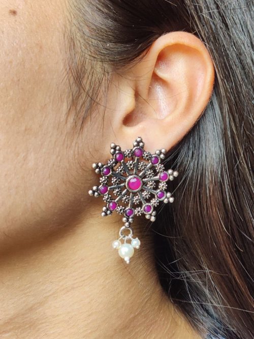 Oxidized Silver Stud Earrings with Pearl and Stone Work