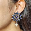 Oxidized Silver Stud Earrings with Pearl and Stone Work