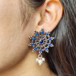 Elegant Oxidized Silver Stud Earrings | Pearl & Stone Work Perfect Daily Wear Jewelry for Girls - "Blue"
