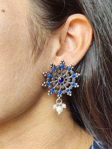 Elegant Oxidized Silver Stud Earrings | Pearl & Stone Work Perfect Daily Wear Jewelry for Girls - color: "Blue"