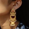 Antique Gold Plated Long Jhumka Earrings with Monalisa Stone & Pearl Work