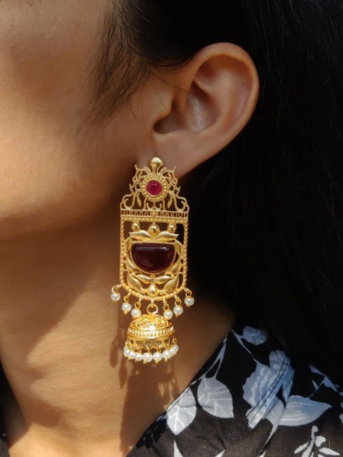 Antique Gold Plated Long Jhumka Earrings with Monalisa Stone & Pearl Work