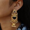 Antique Gold Plated Long Jhumka Earrings with Monalisa Stone & Pearl Work