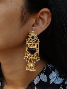 Antique Gold Plated Long Jhumka Earrings | Floral Art Monalisa Stone & Pearl Work Best Traditional Jewelry - color: "Blue"