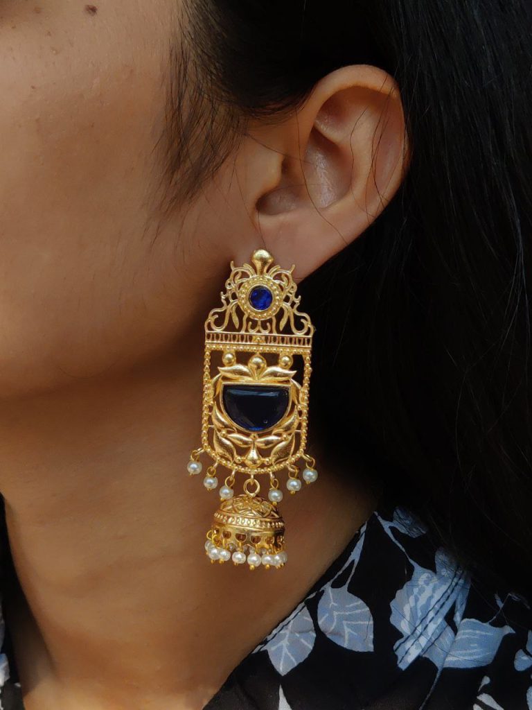 Bulk 646 Antique Gold Plated Long Jhumka Earrings | Floral Art Monalisa Stone & Pearl Work Best Traditional Jewelry - "Blue"