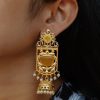 Antique Gold Plated Long Jhumka Earrings with Monalisa Stone & Pearl Work