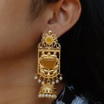 Antique Gold Plated Long Jhumka Earrings | Floral Art Monalisa Stone & Pearl Work Best Traditional Jewelry - "Yellow"