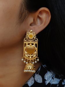 Antique Gold Plated Long Jhumka Earrings | Floral Art Monalisa Stone & Pearl Work Best Traditional Jewelry - color: "Yellow"