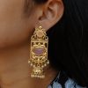 Antique Gold Plated Long Jhumka Earrings with Monalisa Stone & Pearl Work