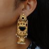Antique Gold Plated Long Jhumka Earrings with Monalisa Stone & Pearl Work