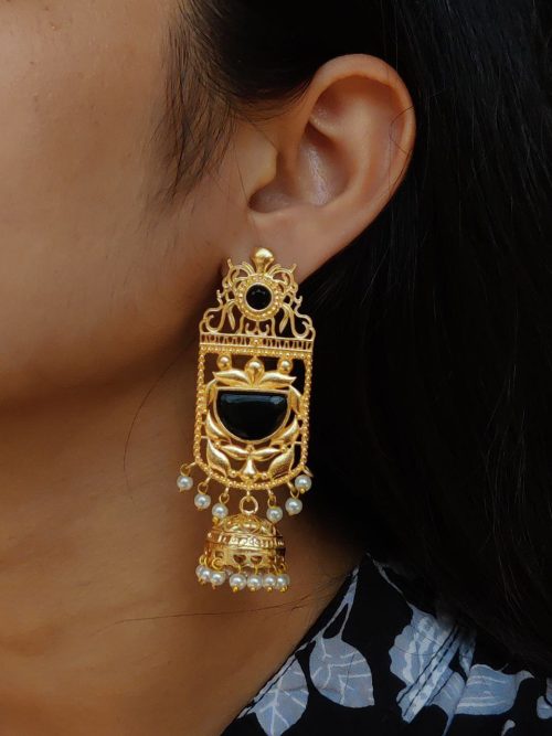 Antique Gold Plated Long Jhumka Earrings with Monalisa Stone & Pearl Work