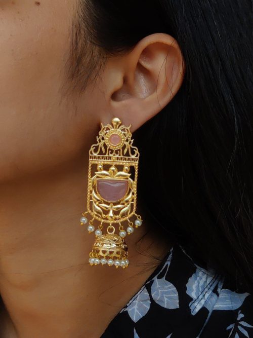 Antique Gold Plated Long Jhumka Earrings with Monalisa Stone & Pearl Work