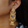 Antique Gold Plated Long Jhumka Earrings with Monalisa Stone & Pearl Work