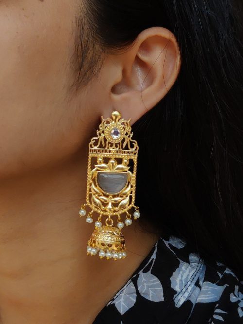 Antique Gold Plated Long Jhumka Earrings with Monalisa Stone & Pearl Work