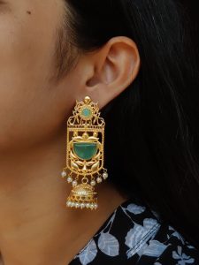 Antique Gold Plated Long Jhumka Earrings | Floral Art Monalisa Stone & Pearl Work Best Traditional Jewelry - color: "Mint"