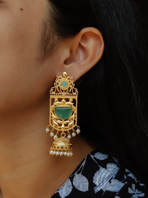Antique Gold Plated Long Jhumka Earrings with Monalisa Stone & Pearl Work