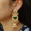 Antique Gold Plated Long Jhumka – Traditional Floral Art with Monalisa Stone & Pearls
