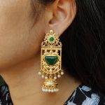 Antique Gold Plated Long Jhumka Earrings | Floral Art Monalisa Stone & Pearl Work Best Traditional Jewelry - "Green"