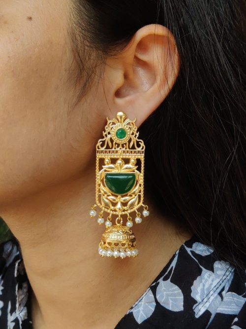 Antique Gold Plated Long Jhumka – Traditional Floral Art with Monalisa Stone & Pearls