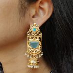Antique Gold Plated Long Jhumka Earrings | Floral Art Monalisa Stone & Pearl Work Best Traditional Jewelry - "Aqua"
