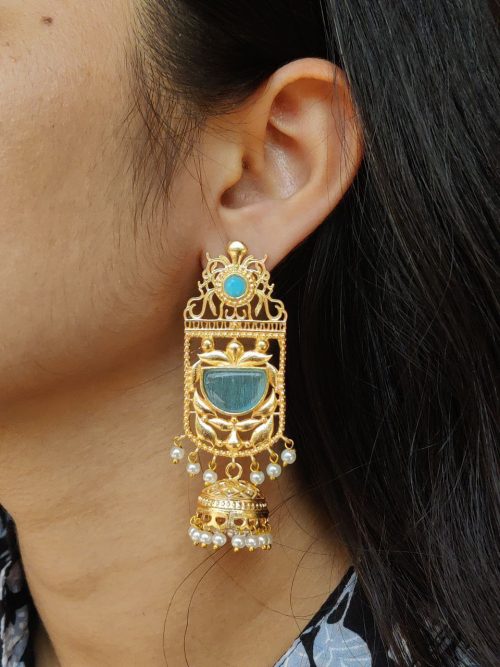 Antique Gold Plated Long Jhumka Earrings with Monalisa Stone & Pearl Work