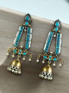 Traditional Long Two-Tone Jhumki Earrings | Pearl & Stone Work Dangler Amazing Jewelry for Women - color: "Aqua"