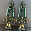 Traditional long two-tone jhumki earrings with pearl and stone work