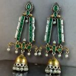 Bulk 176 Traditional Long Two-Tone Jhumki Earrings | Pearl & Stone Work Dangler Amazing Jewelry for Women - "Green"