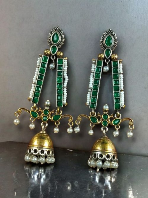 Traditional long two-tone jhumki earrings with pearl and stone work