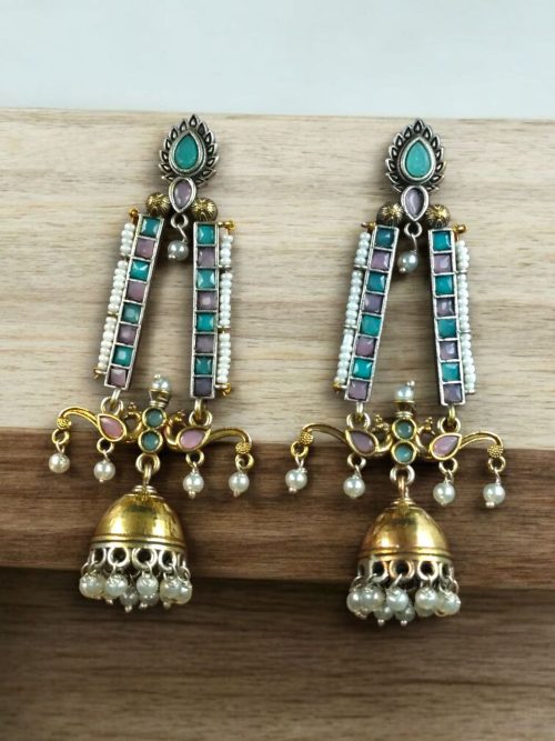Traditional long two-tone jhumki earrings with pearl and stone work