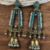 Traditional long two-tone jhumki earrings with pearl and stone work