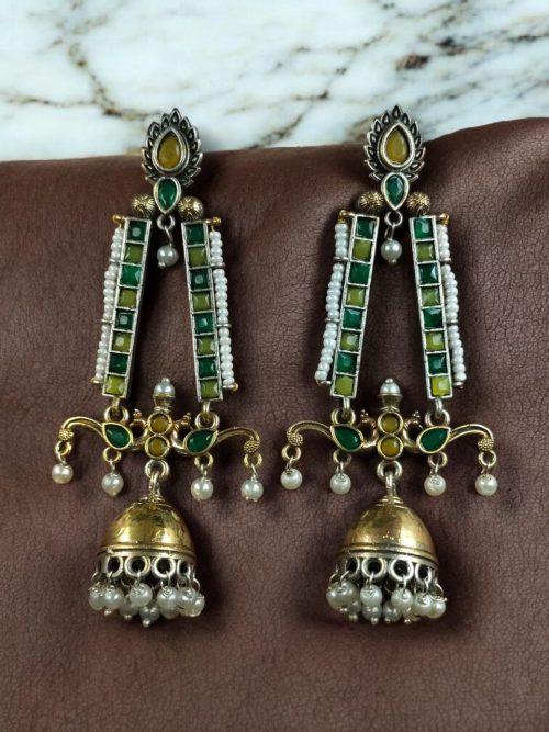 Traditional long two-tone jhumki earrings with pearl and stone work